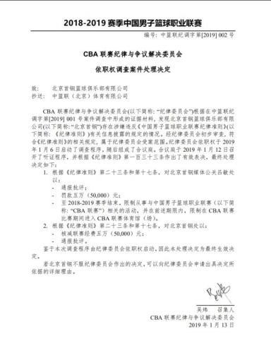 北京首钢篮球违反CBA联赛纪律遭处罚 处罚结果公布