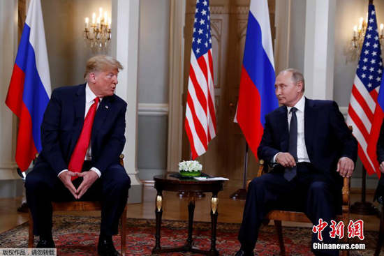 当地时间2018年7月16日，美国总统特朗普与俄罗斯总统普京在芬兰赫尔辛基举行会晤
