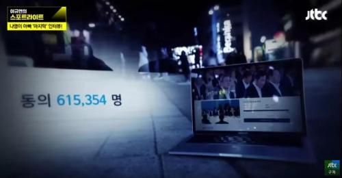 (截至2017年底，超61.5万韩国民众在青瓦台官网请愿。图片来源：韩国Jtbc视频截图)