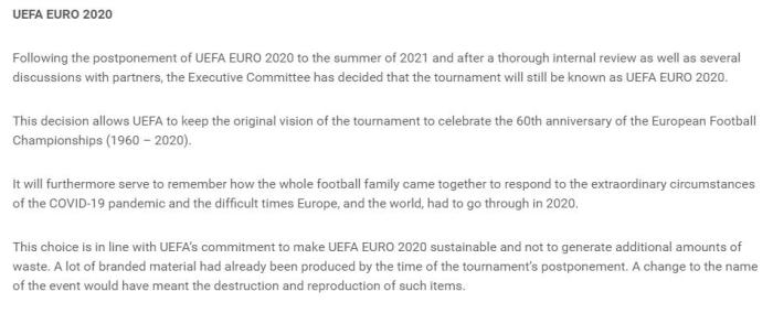 欧足联：“2020欧洲杯”虽推迟至明年但仍不改名